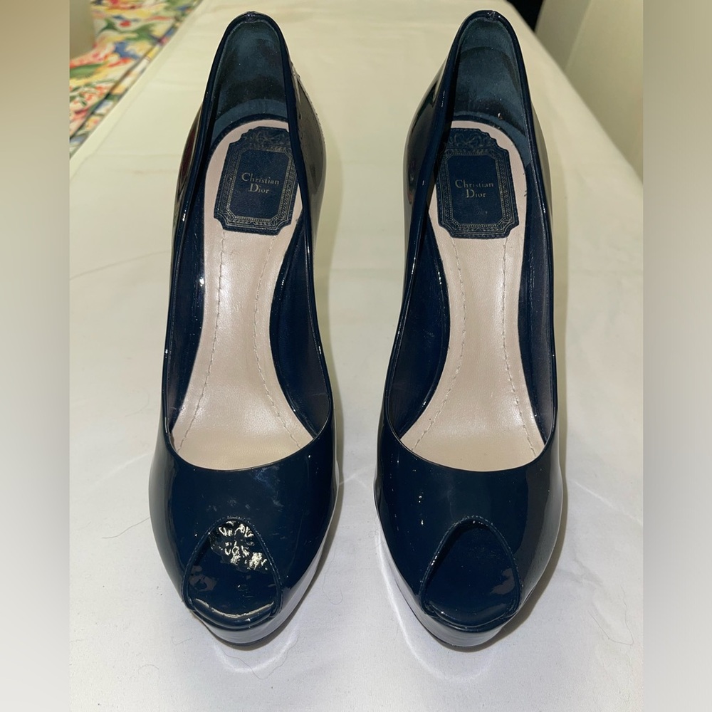 Dior Women's Patent Deep Navy Blue Peep Toe Heels